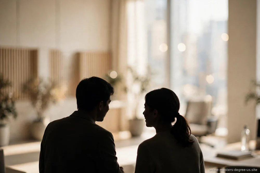 "two people talking in an office"