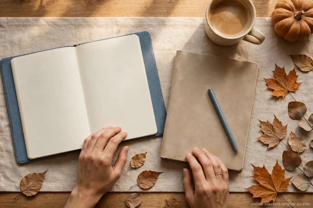 "person planning at a desk in fall"